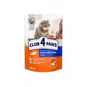 CLUB 4 PAWS Premium, Cod, plic hrană umedă pisici, (în aspic), 80g