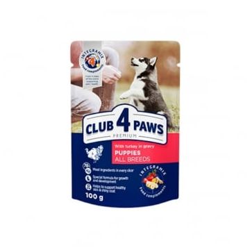 CLUB 4 PAWS Premium Puppy, Curcan, plic hrană umedă câini junior, (în sos), 100g