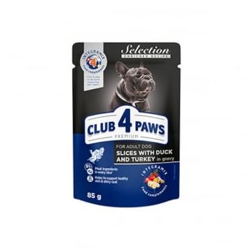 CLUB 4 PAWS Premium, Rață și Curcan, plic hrană umedă câini, (în sos), 85g