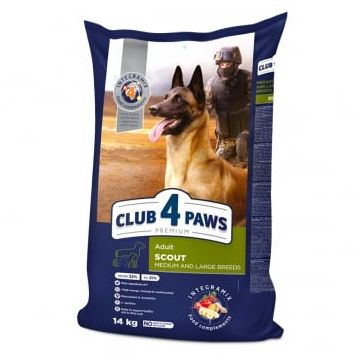 CLUB 4 PAWS Premium Scout, M-XL, Pui, hrană uscată câini, activitate intensă, 14kg