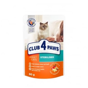 CLUB 4 PAWS Premium Sterilised, Pui, plic hrană umedă pisici sterilizate, 80g