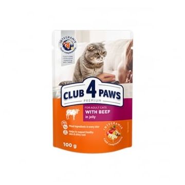 CLUB 4 PAWS Premium, Vită, plic hrană umedă pisici, (în aspic), 100g