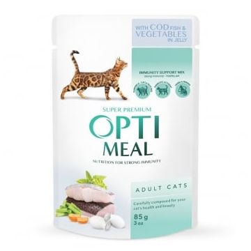 OPTIMEAL, Cod și Legume, plic hrană umedă pisici, (în aspic), 85g