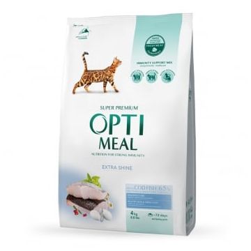 OPTIMEAL Extra Shine, Cod, hrană uscată pisici, piele & blană, 4kg