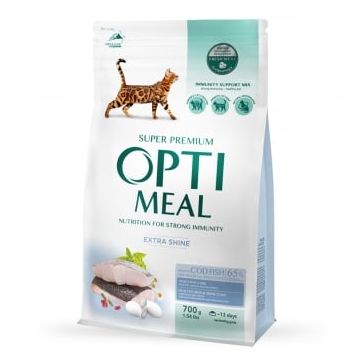 OPTIMEAL Extra Shine, Cod, hrană uscată pisici, piele & blană, 700g