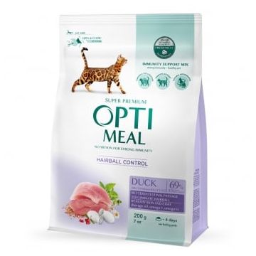 OPTIMEAL Hairball Control, Rață, hrană uscată pisici, limitarea ghemurilor de blană, 200g