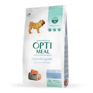 OPTIMEAL Hypoallergenic, M, Somon, hrană uscată câini, sistem digestiv, piele & blană, 12kg
