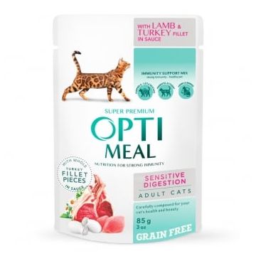 OPTIMEAL Sensitive, Miel și Curcan, hrană uscată pisici, sistem digestiv, 85g
