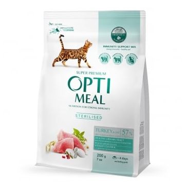 OPTIMEAL Sterilised, Curcan, hrană uscată pisici sterilizate, 200g