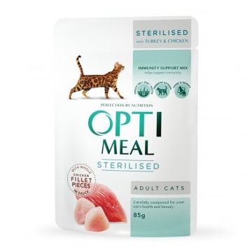 OPTIMEAL Sterilised, Pui și Curcan, plic hrană umedă pisici sterilizate, (în sos), 85g