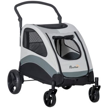 PawHut Carucior pentru caini de talie medie cu 4 roti, geanta de depozitare si fereastra plasa, otel si tesatura Oxford, 107x72x102cm, gri