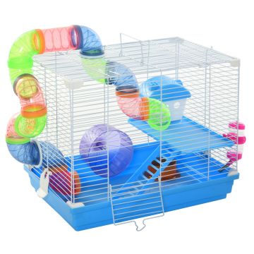 PawHut Cusca pentru hamster cu 2 niveluri cu rezervor de apa, tava detasabila, tunel si roata pentru hamster, 46x30x37cm, albastru si alb ieftina