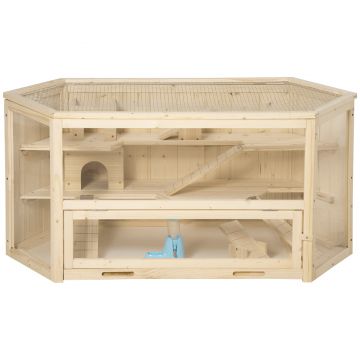 PawHut Cusca pentru hamsteri din lemn cu 3 niveluri, acoperis cu deschidere, 115x60x55cm