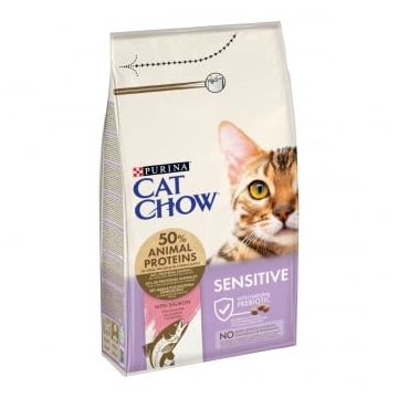 PURINA Cat Chow Sensitive, Somon, hrană uscată pentru pisici, sensibilități digestive, 1.5kg