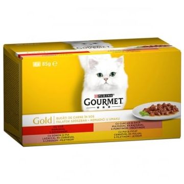 PURINA Gourmet Gold, 4 arome (Vită, Curcan și Rață, Somon și Pui, Pui și Ficat), pachet mixt, conservă hrană umedă pisici, (bucăti în sos), 85g x 4