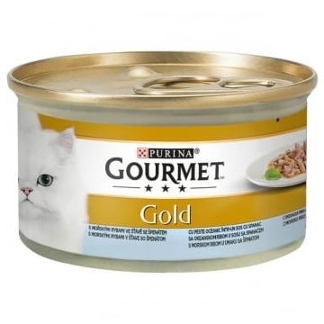 PURINA Gourmet Gold Double Pleasure, Pește oceanic cu Spanac, conservă hrană umedă pisici, (în sos), 85g