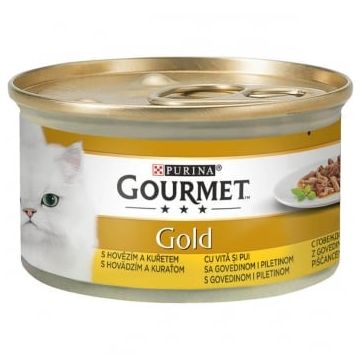 PURINA Gourmet Gold Duo, Vită și Pui, conservă hrană umedă pisici, (în sos), 85g