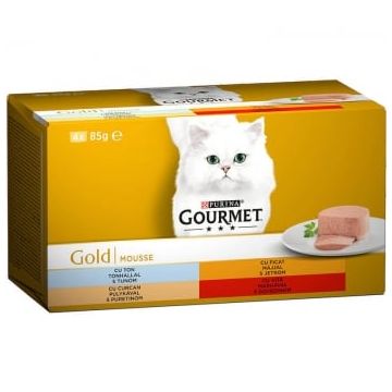 PURINA Gourmet Gold Mousse, 4 arome (Vită, Curcan, Ficat, Ton), pachet mixt, conservă hrană umedă pisici, (pate), 85g x 4