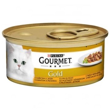 PURINA Gourmet Gold, Pui și Ficat, conservă hrană umedă pisici, (bucăti în sos), 85g