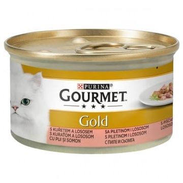 PURINA Gourmet Gold, Pui și Somon, conservă hrană umedă pisici, (bucăti în sos), 85g