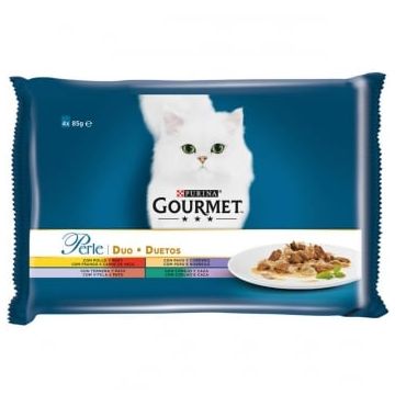PURINA Gourmet Perle, 4 arome (Pui și Vită, Curcan și Miel, Vițel și Rață, Iepure și Vânat), pachet mixt, plic hrană umedă pisici, (în sos), 85g x 4