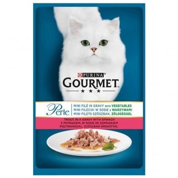 PURINA Gourmet Perle, Păstrăv cu Spanac, plic hrană umedă pisici, (în sos), 85g