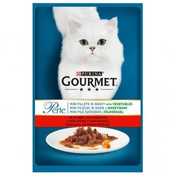PURINA Gourmet Perle, Vită, Morcovi și Legume, plic hrană umedă pisici, (în sos), 85g
