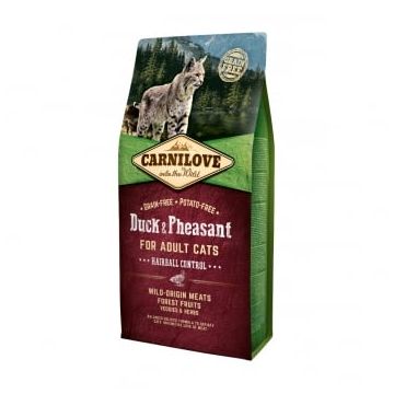 CARNILOVE Hairball Control, Rață și Fazan, hrană uscată fără cereale pisici, limitarea ghemurilor de blană, 6kg