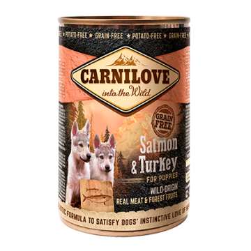 CARNILOVE Junior, Somon și Curcan, conservă hrană umedă fără cereale câini junior, (în aspic), 400g