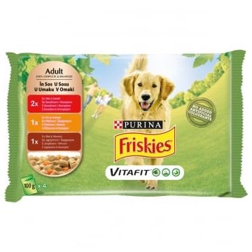 PURINA Friskies Adult, 3 arome (Vită cu Cartofi, Pui cu Morcov, Miel cu Morcov), pachet mixt, plic hrană umedă câini, (în sos), 100g x 4