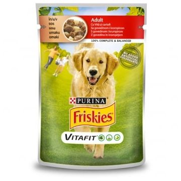 PURINA Friskies Adult, Vită cu Cartofi, plic hrană umedă câini, (în sos), 100g
