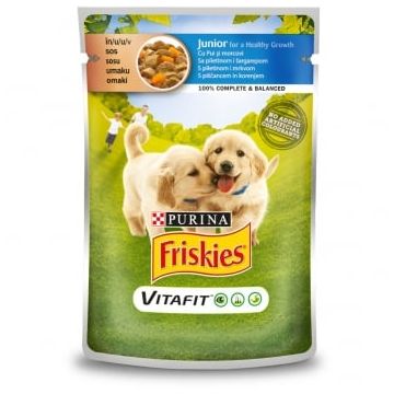 PURINA Friskies Junior, Pui cu Morcov, multipack plic hrană umedă câini, (în sos), 100g x 4
