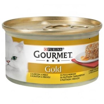 PURINA Gourmet Gold Savoury Cake, Pui cu Morcov, conservă hrană umedă pisici, (bucăți de carne), 85g