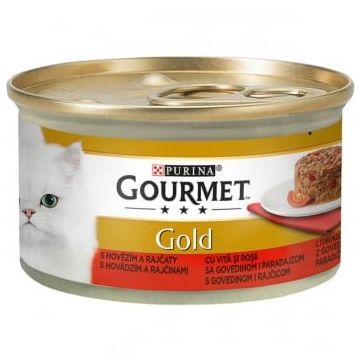 PURINA Gourmet Gold Savoury Cake, Vită cu Roșii, conservă hrană umedă pisici, (bucăți de carne), 85g