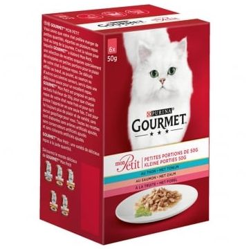PURINA Gourmet Mon Petit, 3 arome (Somon, Ton, Păstrăv), pachet mixt, plic hrană umedă pisici, (în sos), 50g x 6