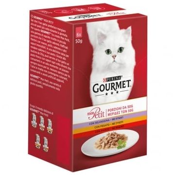 PURINA Gourmet Mon Petit, 3 arome (Vită, Vânat, Ficat), pachet mixt, plic hrană umedă pisici, (în sos), 50g x 6