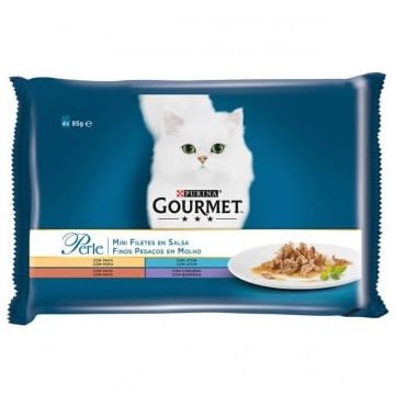 PURINA Gourmet Perle, 4 arome (Miel, Rață, Ton, Curcan), pachet mixt, plic hrană umedă pisici, (în sos), 85g x 4