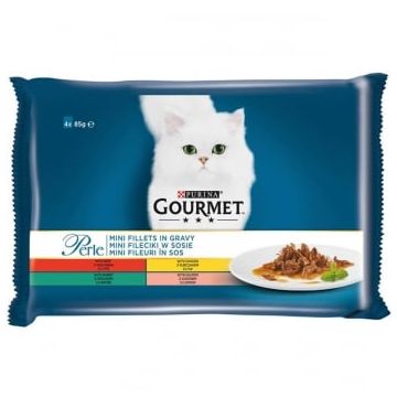 PURINA Gourmet Perle, 4 arome (Vițel, Pui, Iepure cu Legume, Miel cu Legume), pachet mixt, plic hrană umedă pisici, (în sos), 85g x 4