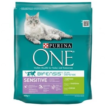 PURINA One Sensitive, Curcan cu Orez, hrană uscată pisici, sensibilități digestive, 800g
