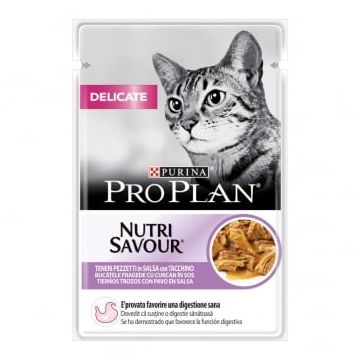 PURINA Pro Plan Delicate Nutrisavour, Curcan, plic hrană umedă pisici, sensibilități digestive, (în sos), 85g