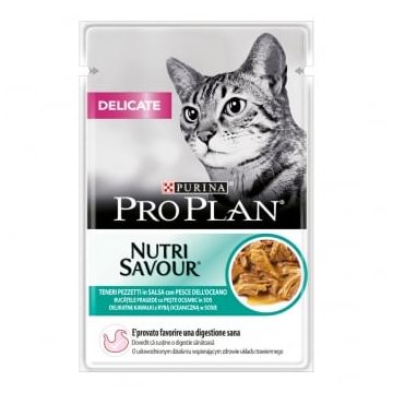 PURINA Pro Plan Delicate Nutrisavour, Pește oceanic, plic hrană umedă pisici, sensibilități digestive, (în sos), 85g