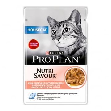 PURINA Pro Plan Housecat Nutrisavour, Somon, plic hrană umedă pisici, (în sos), 85g