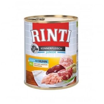 RINTI Junior, XS-XL, Pui, conservă hrană umedă fără cereale câini junior, (în suc propriu), 800g