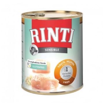 RINTI Sensible, XS-XL, Pui și Orez, conservă hrană umedă monoproteică câini, (în suc propriu), 800g