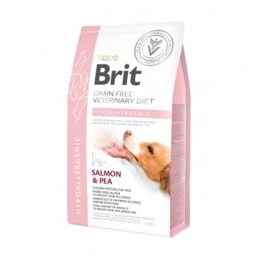 BRIT GF Veterinary Diet Hypoallergenic, Somon cu Mazăre, dietă veterinară câini, hrană uscată fără cereale, afecțiuni digestive și dermatologice, 2kg