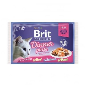 BRIT Premium Multipack Dinner Plate, 4 arome, pachet mixt, plic hrană umedă pisici, (în aspic), 85g x 4