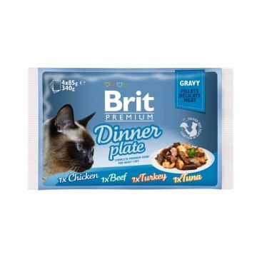 BRIT Premium Multipack Dinner Plate, 4 arome, pachet mixt, plic hrană umedă pisici, (în sos), 85g x 4