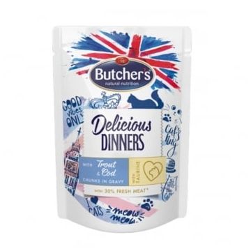BUTCHER'S Delicious Dinners, Păstrăv și Cod, plic hrană umedă conținut redus cereale pisici, apetit capricios, (în sos), 100g