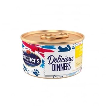 BUTCHER'S Delicious Dinners, Pui și Curcan, conservă hrană umedă fără cereale pisici, apetit capricios, (pate), 85g