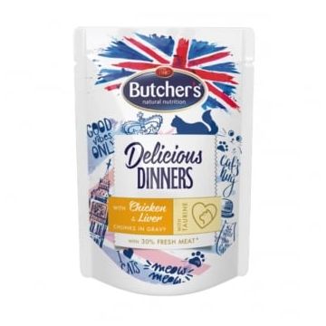 BUTCHER'S Delicious Dinners, Pui și Ficat, plic hrană umedă conținut redus cereale pisici, apetit capricios, (în sos), 100g
